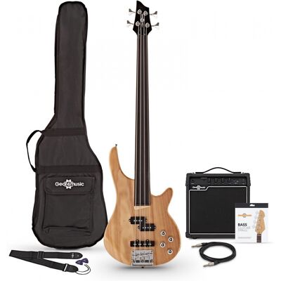 Pack Guitare Basse Chicago Fretless par Gear4music + Ampli 15 W Naturel - Publicité Pack Guitare Basse Chicago Fretless par Gear4music + Ampli 15 W Naturel - Publicité