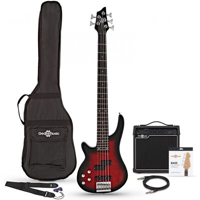 Pack Guitare Basse Chicago à 5 Cordes pour Gaucher + Ampli 15 W par Gear4music Trans Red - Publicité Pack Guitare Basse Chicago à 5 Cordes pour Gaucher + Ampli 15 W par Gear4music Trans Red - Publicité