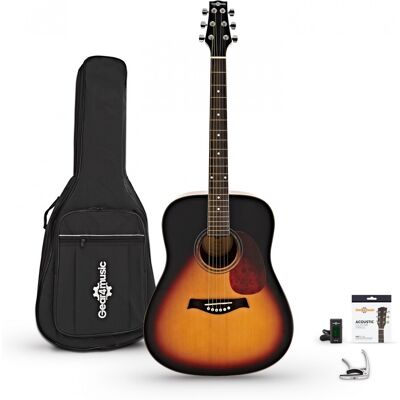 Pack Guitare Acoustique Dreadnought Deluxe par Gear4music Acajou - Publicité Pack Guitare Acoustique Dreadnought Deluxe par Gear4music Acajou - Publicité
