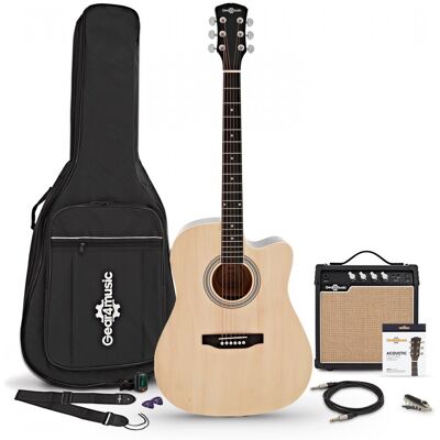 Gear4Music Guitare Électro-Acoustique Dreadnought Pan Coupé Natural avec pack Ampli Acoustique 15 W et Accessoires - Publicité Gear4Music Guitare Électro-Acoustique Dreadnought Pan Coupé Natural avec pack Ampli Acoustique 15 W et Accessoires - Publicité
