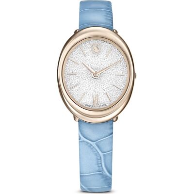 Swarovski Montre Imber oval, Fabriqué en Suisse, Bracelet en cuir, Bleues, Finition champagne doré OS - Publicité Swarovski Montre Imber oval, Fabriqué en Suisse, Bracelet en cuir, Bleues, Finition champagne doré OS - Publicité