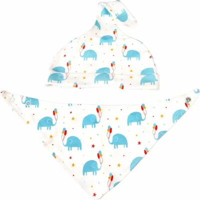Bonnet et bavoir en coton bio bébé Rex London Elephant Party Blanc - Publicité Bonnet et bavoir en coton bio bébé Rex London Elephant Party Blanc - Publicité