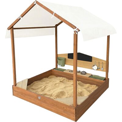 Axi Meli Bac À Sable Et Maisonnette De Jeu En Bois Avec Cuisine Et Toit - Marron Avec Tableau Noir, Réservoir D'Eau Et 6 Accessoires Revêtement De Sol 120 X 120 X 144,5 Cm - Publicité Axi Meli Bac À Sable Et Maisonnette De Jeu En Bois Avec Cuisine Et Toit - Marron Avec Tableau Noir, Réservoir D'Eau Et 6 Accessoires Revêtement De Sol 120 X 120 X 144,5 Cm - Publicité