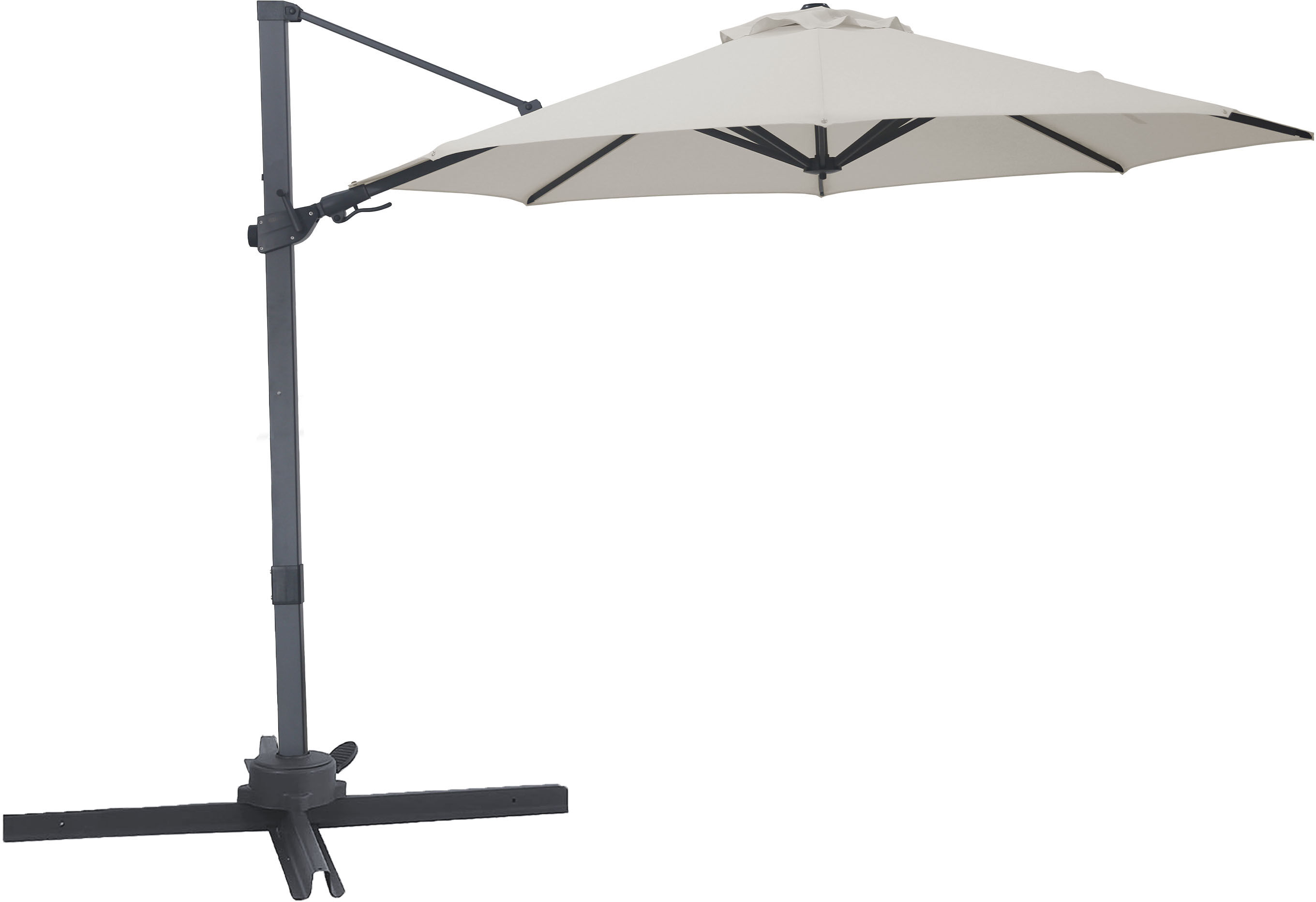 Profitez d'une ombre rafraîchissante et d'un style élégant dans votre jardin grâce au parasol déporté AXI Solis Ø 300 cm. Cet élégant parasol rond suspendu attire tous les regards et offre un espace ombragé généreux pour les longues journées ensoleillées. Que vous preniez un long déjeuner, lisiez un livre à l'abri du vent ou profitiez d'une chaude journée d'été entre amis, le Solis vous permet de créer à tout moment un espace confortable en plein air. Bénéficiez d’une liberté de mouvement totale grâce à sa conception suspendue Grâce à sa conception suspendue ingénieuse, vous n’êtes pas gêné par un mât central. L’espace sous le parasol reste ainsi entièrement libre et vous pouvez disposer vos meubles de jardin exactement comme vous le souhaitez. Idéal pour un salon de jardin, une table à manger ou des chaises longues. La toile ronde du parasol confère en outre un aspect doux et harmonieux qui s’intègre parfaitement dans les jardins tant modernes que classiques. Toujours la bonne ombre, sans tracas Grâce au mécanisme d'inclinaison et à la fonction de rotation à 360 degrés, le parasol suit sans effort la course du soleil. Que le soleil soit haut dans le ciel ou qu'il commence à descendre, vous ajustez facilement la position. Vous pouvez ainsi profiter confortablement de l'ombre à tout moment de la journée, sans avoir à déplacer vos meubles. Structure robuste et toile parfaitement tendue Le parasol déporté Solis a été conçu dans un souci de stabilité. La structure en acier et aluminium thermolaqué est particulièrement robuste grâce à son profilé épais de 53 x 80 mm. Les 8 baleines assurent une répartition uniforme de la toile, tandis que les tendeurs intégrés la maintiennent bien tendue. Cela évite les claquements par vent fort et garantit un aspect soigné, même après une utilisation intensive. Toile d'ombrage en polyester tendue La toile en polyester de 200 grammes offre une ombre agréable et uniforme et résiste à une utilisation quotidienne en extérieur. Le matériau est facile à nettoyer et conserve son aspect, vous permettant ainsi de profiter saison après saison d’un parasol frais et soigné. La partie supérieure est équipée d’un déflecteur de vent, permettant au vent de s’échapper facilement lorsqu’il passe sous le parasol. Cela assure une stabilité supplémentaire et réduit la pression sur la structure lors des journées venteuses. Livré complet et facile à utiliser Le parasol est livré avec un pied en croix, que vous pouvez facilement alourdir avec des dalles d'un poids total d'au moins 90 kg pour une stabilité optimale. Vous recevrez également une housse de protection, afin de pouvoir recouvrir soigneusement le parasol lorsqu'il n'est pas utilisé. Cela contribue à prolonger sa durée de vie et à préserver son aspect esthétique plus longtemps. AXI Outdoor Living Complétez votre jardin avec AXI Outdoor Living ! Laissez-vous surprendre par les designs uniques et les innombrables options offertes par nos produits d'extérieur. Que image