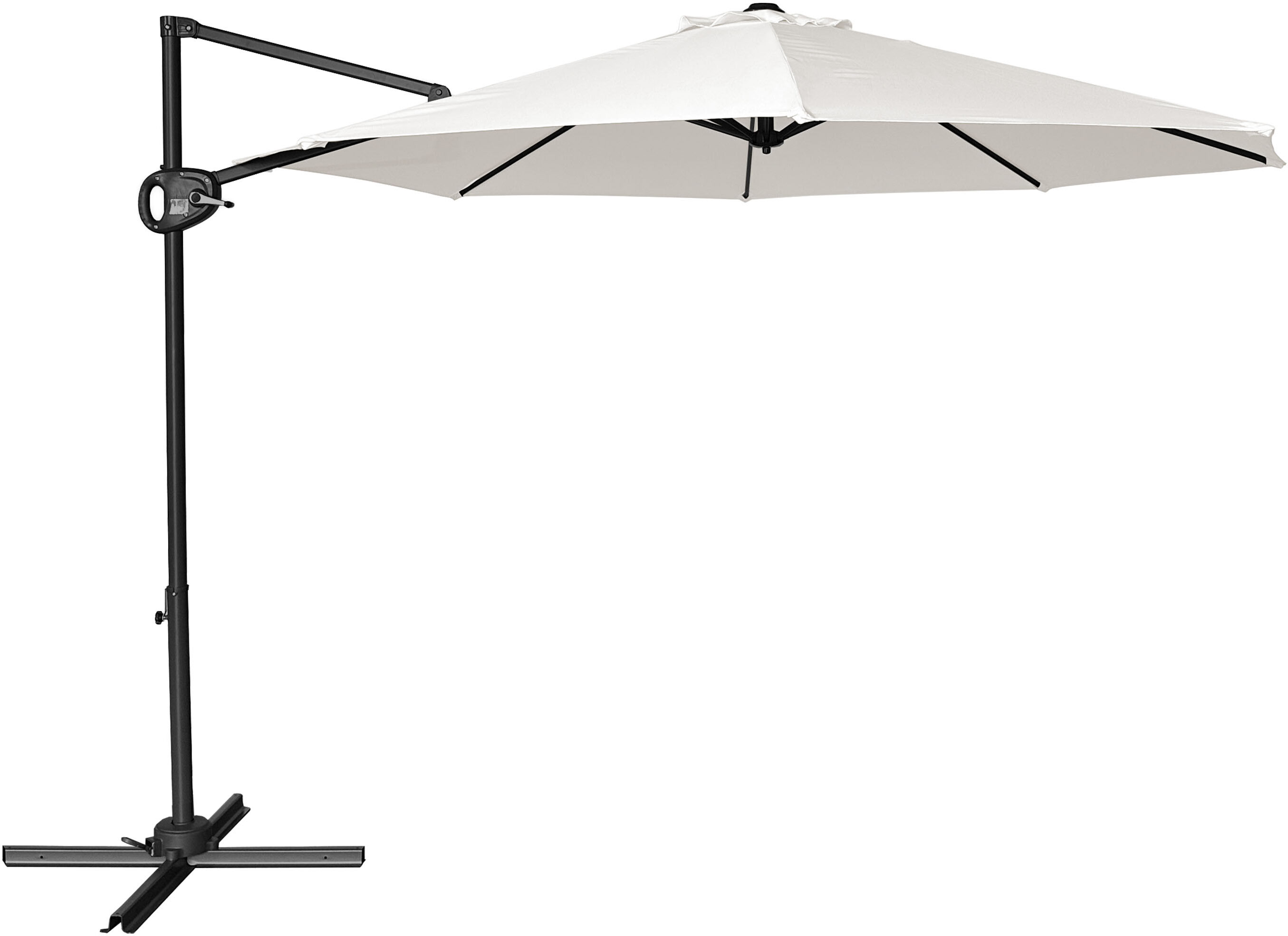 Alliez ambiance et confort dans votre jardin avec le parasol déporté AXI Solea Ø 300 cm. Cet élégant parasol rond offre un agréable coin d'ombre lors des journées ensoleillées tout en apportant une touche de style à votre espace extérieur. Que vous souhaitiez vous détendre tranquillement, prendre un repas en plein air ou passer un moment convivial entre amis, le Solea vous permet de rester confortablement à l'abri du soleil. Conception suspendue spacieuse et pratique Grâce à sa conception suspendue astucieuse, l'espace sous le parasol reste entièrement libre. Pas de mât au milieu, mais toute la liberté de disposer vos meubles de jardin exactement comme vous le souhaitez. La toile ronde confère un aspect doux et accueillant et rend ce parasol parfait aussi bien pour les salons de jardin que pour les tables de jardin rondes. De l'ombre exactement là où vous le souhaitez Le parasol pivote à 360 degrés, ce qui vous permet de déplacer facilement l'ombre sans modifier votre disposition. Vous profitez ainsi d'un endroit confortable tout au long de la journée, que le soleil soit haut dans le ciel ou qu'il descende lentement vers l'horizon. Un équilibre entre légèreté et solidité L'AXI Solea allie un design léger à une construction solide. Son armature en acier thermolaqué, d'un profil de 40 x 20 mm, est robuste et résistante aux intempéries. Les 8 baleines soutiennent la toile de manière uniforme, tandis que les tendeurs intégrés garantissent que la toile reste bien tendue et bouge moins en cas de vent. Une ombre agréable avec protection UV La toile en polyester de 180 grammes offre une ombre agréable et convient à un usage quotidien en extérieur. Grâce à sa protection UV 30+, la toile aide à réduire les rayons solaires nocifs, vous permettant ainsi de profiter sans souci de longues journées à l'extérieur. La partie supérieure est équipée d'un déflecteur de vent, permettant au vent de s'échapper facilement lorsqu'il passe sous le parasol. Cela assure une stabilité supplémentaire et réduit la pression sur le cadre lors des journées venteuses. Complet et facile à utiliser Le parasol Solea est livré avec un pied en croix pour une base stable. Pour une sécurité optimale, un lest d’au moins 90 kg est recommandé. De plus, une housse de protection est fournie, afin que vous puissiez facilement recouvrir et protéger le parasol lorsqu’il n’est pas utilisé. AXI Outdoor Living Complétez votre jardin avec AXI Outdoor Living ! Laissez-vous surprendre par les designs uniques et les innombrables options offertes par nos produits d'extérieur. Que vous recherchiez une table de pique-nique tendance, un parasol de qualité supérieure ou une chaise longue confortable. Avec AXI Outdoor Living, vous profitez toute l'année de votre propre coin de verdure! Caractéristiques * Structure en acier fine mais solide de 40 x 20 mm. * Structure thermolaquée pour prévenir la formation de rouille. * Rotation à 360 degrés pour un positionnement flexible de image