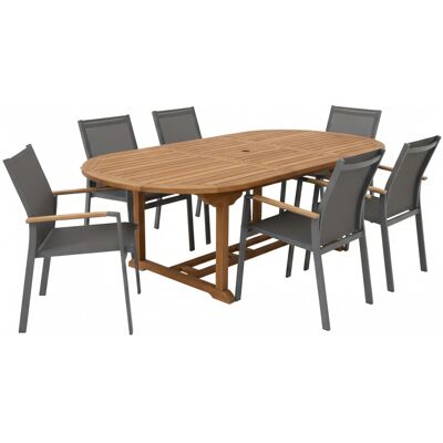 AXI Marzi/Alva Ensemble de jardin, 7 pièces - 6 personnes Table en teck avec plateau ovale extensible Avec 6 chaises à structure en aluminium et assise en toile Pour l'extérieur - Publicité AXI Marzi/Alva Ensemble de jardin, 7 pièces - 6 personnes Table en teck avec plateau ovale extensible Avec 6 chaises à structure en aluminium et assise en toile Pour l'extérieur - Publicité