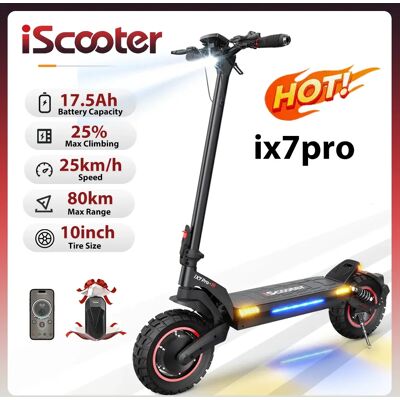 Trottinette électrique IScooter IX7Pro, batterie 17,5 Ah, double moteur, vitesse 25 km/h, pneus tout-terrain 10 pouces, trottinette pliable avec application. Publicité Trottinette électrique IScooter IX7Pro, batterie 17,5 Ah, double moteur, vitesse 25 km/h, pneus tout-terrain 10 pouces, trottinette pliable avec application. Publicité