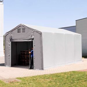 TOOLPORT 4x8 m hangar, PRIMEtex 2300, H. 3m avec porte actionnée par traction, gris, sans statique - (79980) - Publicité TOOLPORT 4x8 m hangar, PRIMEtex 2300, H. 3m avec porte actionnée par traction, gris, sans statique - (79980) - Publicité