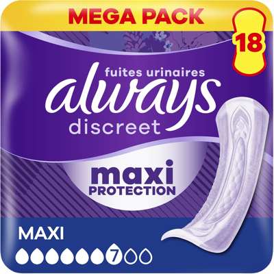Always Discreet Protections Maxi Pour Fuites Urinaires - 18 Pièces - Publicité Always Discreet Protections Maxi Pour Fuites Urinaires - 18 Pièces - Publicité