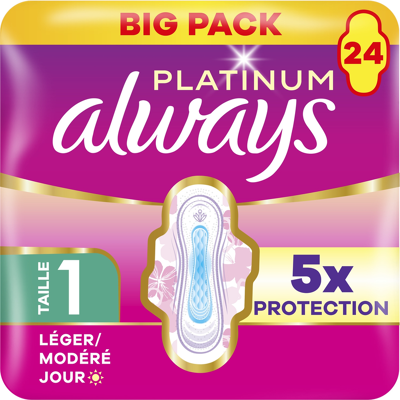 Always Platinum Day Serviettes Hygiéniques Avec Ailettes Flux Léger à Modéré Taille 1 - 24 Unités - Publicité Always Platinum Day Serviettes Hygiéniques Avec Ailettes Flux Léger à Modéré Taille 1 - 24 Unités - Publicité