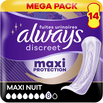 Always Discreet Maxi Night Serviettes d'Absorption Fuites Urinaires 8 - 14 Unités - Publicité Always Discreet Maxi Night Serviettes d'Absorption Fuites Urinaires 8 - 14 Unités - Publicité