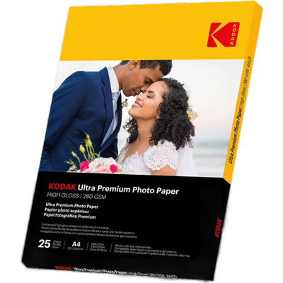 Kodak Papier photo Ultra premium - 25 feuilles - format 21 x 29,7 cm A4 - finition très brillante - 280 g/m² - compatible imprimantes jet d'encre - Publicité Kodak Papier photo Ultra premium - 25 feuilles - format 21 x 29,7 cm A4 - finition très brillante - 280 g/m² - compatible imprimantes jet d'encre - Publicité