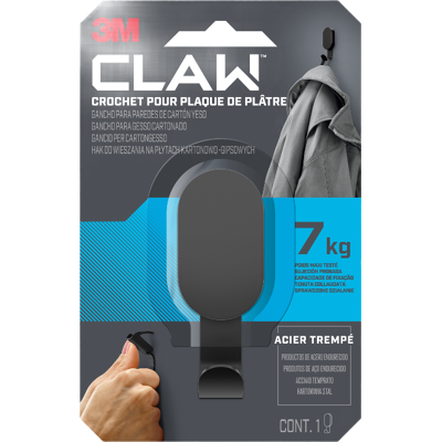 Crochet mural 3M™ CLAW pour objets lourds spécial plaque de plâtre 7 kg - 1 crochet en métal noir - Publicité Crochet mural 3M™ CLAW pour objets lourds spécial plaque de plâtre 7 kg - 1 crochet en métal noir - Publicité