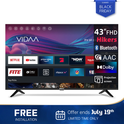 Hikers TV intelligente 43 pouces FHD WiFi VIDAA sans bordure avec triple tuner DVBT/T2/S/S2/C, 3 × HDMI, 2 × USB, CI+, commande vocale et applications de streaming - Publicité Hikers TV intelligente 43 pouces FHD WiFi VIDAA sans bordure avec triple tuner DVBT/T2/S/S2/C, 3 × HDMI, 2 × USB, CI+, commande vocale et applications de streaming - Publicité