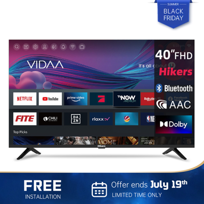 Hikers Smart TV 40 pouces FHD WiFi VIDAA avec Triple Tuner DVB-T/T2/S/S2/C, HDMI x3, USB x2, CI+, commande vocale et applications de streami - Publicité Hikers Smart TV 40 pouces FHD WiFi VIDAA avec Triple Tuner DVB-T/T2/S/S2/C, HDMI x3, USB x2, CI+, commande vocale et applications de streami - Publicité