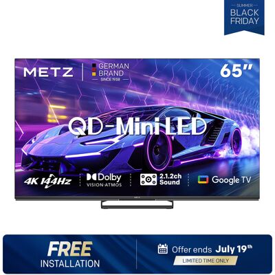 Metz 65MNE8000Z TV MiniLED 144 Hz 65 pouces (165 cm), QLED+ UHD, HDR10+, Smart TV Google, Dolby Vision Atmos, HDMI 2.1, MEMC, Upscaling 4K AI, protection des yeux (faible lumière bleue, sans scintillement) (Energy Efficiency F) - Publicité Metz 65MNE8000Z TV MiniLED 144 Hz 65 pouces (165 cm), QLED+ UHD, HDR10+, Smart TV Google, Dolby Vision Atmos, HDMI 2.1, MEMC, Upscaling 4K AI, protection des yeux (faible lumière bleue, sans scintillement) (Energy Efficiency F) - Publicité