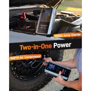 WOLFBOX 3000A Booster de démarrage 12 V avec compresseur d'air et batterie portable 59,2 Wh et 160 psi et recharge rapide 65 W compatible moteurs essence 8 L et diesel 6 L avec fonction boost lampe et câbles de démarrage - Publicité WOLFBOX 3000A Booster de démarrage 12 V avec compresseur d'air et batterie portable 59,2 Wh et 160 psi et recharge rapide 65 W compatible moteurs essence 8 L et diesel 6 L avec fonction boost lampe et câbles de démarrage - Publicité