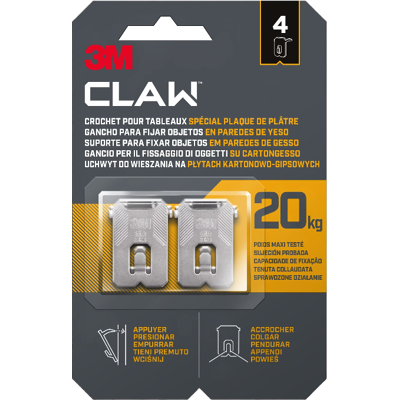 3M™ CLAW Lot de 4 crochets en métal pour tableaux spécial plaque de plâtre - 20 kg max - Publicité 3M™ CLAW Lot de 4 crochets en métal pour tableaux spécial plaque de plâtre - 20 kg max - Publicité