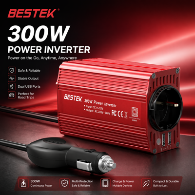 BESTEK Convertisseur de Tension 300W Onde Sinusoïdale Modifiée 12V vers 230V, avec Prise AC, 2 Ports USB (4.8A Total) & Prise Cigarette pour Voiture (Rouge) - Publicité BESTEK Convertisseur de Tension 300W Onde Sinusoïdale Modifiée 12V vers 230V, avec Prise AC, 2 Ports USB (4.8A Total) & Prise Cigarette pour Voiture (Rouge) - Publicité