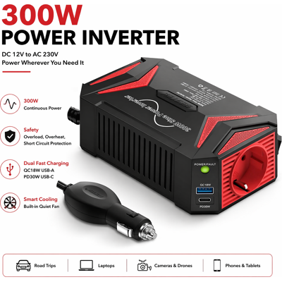 Convertisseur de courant BESTEK 300W onde sinusoïdale pure 12V vers 230V pour voiture avec ports PD30W Type-C et QC3.0 USB - Publicité Convertisseur de courant BESTEK 300W onde sinusoïdale pure 12V vers 230V pour voiture avec ports PD30W Type-C et QC3.0 USB - Publicité