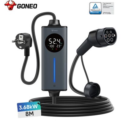 GONEO Chargeur de voiture électrique portable Type 2, prise Schuko 16 A 3,68 kW 8 m avec disjoncteur différentiel 30 mA + 6 mA, protection DC, minuterie et économie d'énergie, sécurité intégrale, Plug & Play, pour la maison et le voyage, compatible avec t - Publicité GONEO Chargeur de voiture électrique portable Type 2, prise Schuko 16 A 3,68 kW 8 m avec disjoncteur différentiel 30 mA + 6 mA, protection DC, minuterie et économie d'énergie, sécurité intégrale, Plug & Play, pour la maison et le voyage, compatible avec t - Publicité