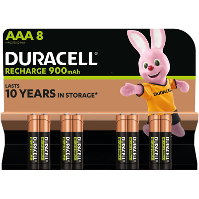 Duracell Lot de 8 piles AAA rechargeables, 900 mAh, NiMH, pré-chargées - Publicité Duracell Lot de 8 piles AAA rechargeables, 900 mAh, NiMH, pré-chargées - Publicité