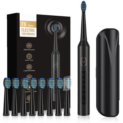 Sunluxy T5 Brosse à dents sonique électrique rechargeable avec 8 têtes de brosse et minuteur intelligent - Noir - Publicité Sunluxy T5 Brosse à dents sonique électrique rechargeable avec 8 têtes de brosse et minuteur intelligent - Noir - Publicité