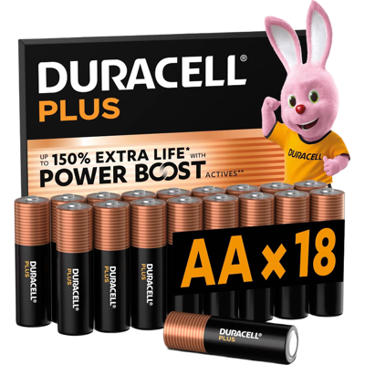 Duracell Plus Lot de 18 piles AA alcalines 1,5 V, durent jusqu’à 150 % plus longtemps grâce aux Actifs POWER BOOST, fiables pour vos appareils du quotidien, emballage 0 % de plastique, conservation garantie 10 ans - LR6 MN1500 - Publicité Duracell Plus Lot de 18 piles AA alcalines 1,5 V, durent jusqu’à 150 % plus longtemps grâce aux Actifs POWER BOOST, fiables pour vos appareils du quotidien, emballage 0 % de plastique, conservation garantie 10 ans - LR6 MN1500 - Publicité