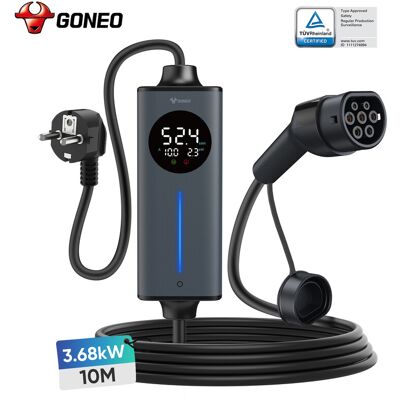 GONEO Chargeur de voiture électrique portable Type 2, prise Schuko 16 A 3,68 kW 10 m avec disjoncteur différentiel 30 mA + 6 mA, protection DC, minuterie et économie d'énergie, sécurité intégrale, Plug & Play, pour la maison et le voyage, compatible avec - Publicité GONEO Chargeur de voiture électrique portable Type 2, prise Schuko 16 A 3,68 kW 10 m avec disjoncteur différentiel 30 mA + 6 mA, protection DC, minuterie et économie d'énergie, sécurité intégrale, Plug & Play, pour la maison et le voyage, compatible avec - Publicité