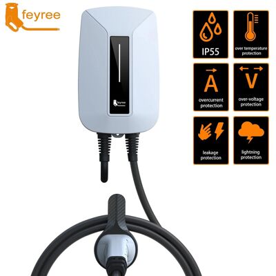 feyree Station de charge murale pour voiture électrique EVSE, prise de type 2, 32 A 7 kw avec câble monophasé de 5 m - Publicité feyree Station de charge murale pour voiture électrique EVSE, prise de type 2, 32 A 7 kw avec câble monophasé de 5 m - Publicité