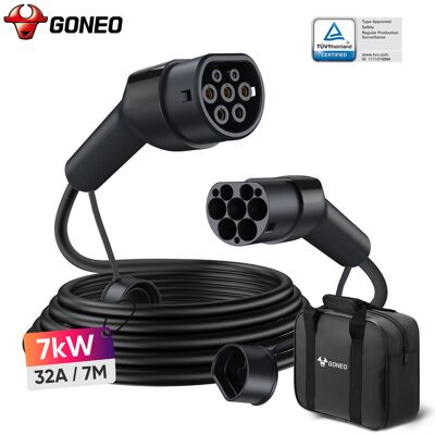 GONEO 7KW Câble de recharge Type 2 32A monophasé certifié TÜV soudure ultrasons connecteur plaqué argent IP54 étanche ignifugé PA66+TPU avec étui - 7 m - Publicité GONEO 7KW Câble de recharge Type 2 32A monophasé certifié TÜV soudure ultrasons connecteur plaqué argent IP54 étanche ignifugé PA66+TPU avec étui - 7 m - Publicité