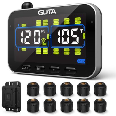 Système de surveillance de la pression des pneus pour VR/remorque GUTA avec 10 capteurs, surveillance en temps réel 0-188 PSI, 6 alarmes, écran couleur LCD, répéteur, communication longue distance, prend en charge jusqu’à 24 pneus, GT20C+10GS02+GB30 - Publicité Système de surveillance de la pression des pneus pour VR/remorque GUTA avec 10 capteurs, surveillance en temps réel 0-188 PSI, 6 alarmes, écran couleur LCD, répéteur, communication longue distance, prend en charge jusqu’à 24 pneus, GT20C+10GS02+GB30 - Publicité