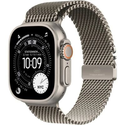 Apple Watch Ultra 3 GPS + Cellular 49 mm, boîtier en titane naturel avec bracelet Milanais en titane naturel - Large - Publicité Apple Watch Ultra 3 GPS + Cellular 49 mm, boîtier en titane naturel avec bracelet Milanais en titane naturel - Large - Publicité