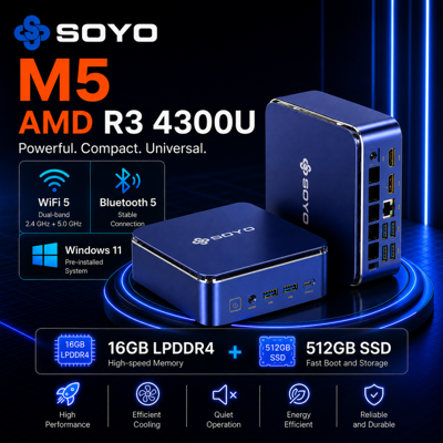 SOYO M5 Mini PC AMD Ryzen 4300U W-11 Pro (4 cœurs/4 threads, jusqu'à 3,7 GHz) 16 Go LPDDR4/SSD 512 Go, PC de bureau 4K à 60 Hz, affichage triple (HDMI 2.0 + Type-C + DP 1.4) / Wi-Fi 5 / Bluetooth 4.2 / LAN pour bureau, éducation et multimédia - Publicité SOYO M5 Mini PC AMD Ryzen 4300U W-11 Pro (4 cœurs/4 threads, jusqu'à 3,7 GHz) 16 Go LPDDR4/SSD 512 Go, PC de bureau 4K à 60 Hz, affichage triple (HDMI 2.0 + Type-C + DP 1.4) / Wi-Fi 5 / Bluetooth 4.2 / LAN pour bureau, éducation et multimédia - Publicité