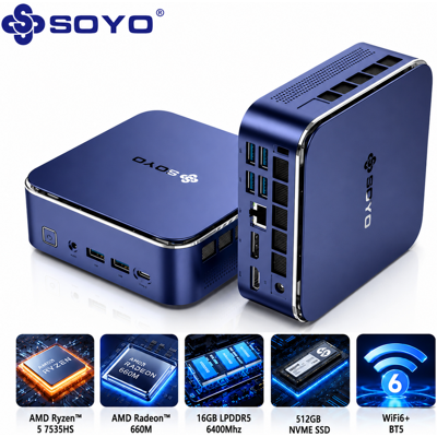 SOYO S5Air Mini PC, Mini PC Windows 11 Pro avec AMD Ryzen 5 7535HS (6 cœurs, 12 threads, jusqu'à 4,55 GHz) 16 Go LPDDR5, SSD NVMe 512 Go Mini ordinateur AMD Radeon 660M Bluetooth 5.2 Wi-Fi 6E 8K - Publicité SOYO S5Air Mini PC, Mini PC Windows 11 Pro avec AMD Ryzen 5 7535HS (6 cœurs, 12 threads, jusqu'à 4,55 GHz) 16 Go LPDDR5, SSD NVMe 512 Go Mini ordinateur AMD Radeon 660M Bluetooth 5.2 Wi-Fi 6E 8K - Publicité