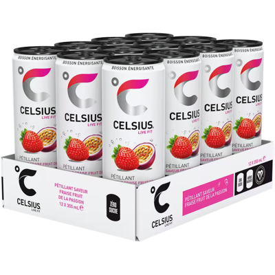 CELSIUS Pétillant saveur fraise et fruit de la passion - 12 x 35,5 cl - Publicité CELSIUS Pétillant saveur fraise et fruit de la passion - 12 x 35,5 cl - Publicité