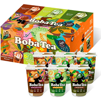 JENI PLAYB Boba Tea en gobelet, saveurs mixtes (matcha, melon miel, sucre roux) - 6 gobelets x 85g - 2 de chaque - Publicité JENI PLAYB Boba Tea en gobelet, saveurs mixtes (matcha, melon miel, sucre roux) - 6 gobelets x 85g - 2 de chaque - Publicité