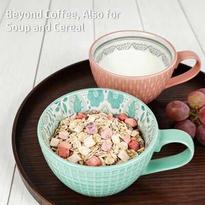 Dexam Lot de 2 mugs en céramique 400 ml, finition mate texturée, vert menthe et rose corail, gobelets à café avec anse - Publicité Dexam Lot de 2 mugs en céramique 400 ml, finition mate texturée, vert menthe et rose corail, gobelets à café avec anse - Publicité