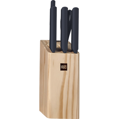 Huohou Lot de 6 couteaux de cuisine en acier inoxydable avec bloc en bois avec lames 30Cr13, tranchant poli à la main, manches ergonomiques en PP et bloc en pin à double inclinaison - Publicité Huohou Lot de 6 couteaux de cuisine en acier inoxydable avec bloc en bois avec lames 30Cr13, tranchant poli à la main, manches ergonomiques en PP et bloc en pin à double inclinaison - Publicité