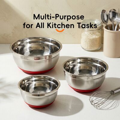 PURECOOK Bol mélangeur en acier inoxydable Série lot de 3 bols à salade avec base en silicone rouge - Publicité PURECOOK Bol mélangeur en acier inoxydable Série lot de 3 bols à salade avec base en silicone rouge - Publicité