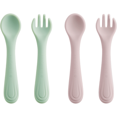 Bc Babycare Fourchette et cuillère en silicone, 2 pièces, sans BPA, rose + vert - Publicité Bc Babycare Fourchette et cuillère en silicone, 2 pièces, sans BPA, rose + vert - Publicité