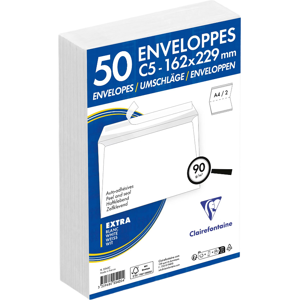 CLAIREFONTAINE 2542C Lot de 50 enveloppes blanches auto-adhésives C5 / 162 x 229 mm - 90 g/m² - Publicité CLAIREFONTAINE 2542C Lot de 50 enveloppes blanches auto-adhésives C5 / 162 x 229 mm - 90 g/m² - Publicité