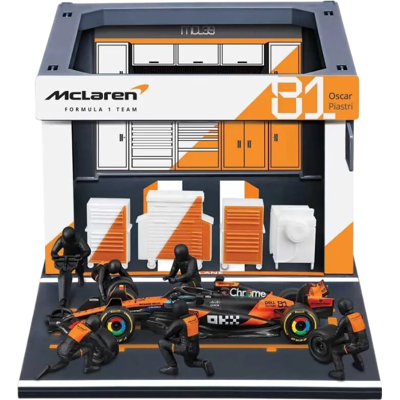 1/43 Bburago Pit-Stop McLaren MCL39 (véhicule + figurines de mécaniciens + paddock + accessoires) #81 Piastri - Publicité 1/43 Bburago Pit-Stop McLaren MCL39 (véhicule + figurines de mécaniciens + paddock + accessoires) #81 Piastri - Publicité