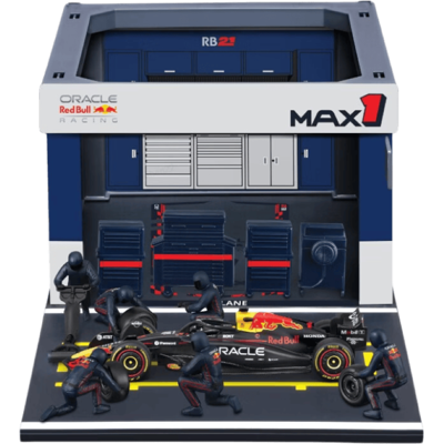 1/43 Bburago Pit-Stop Red Bull RB21 (véhicule + figurines de mécaniciens + paddock + accessoires) #1 Verstappen - Publicité 1/43 Bburago Pit-Stop Red Bull RB21 (véhicule + figurines de mécaniciens + paddock + accessoires) #1 Verstappen - Publicité