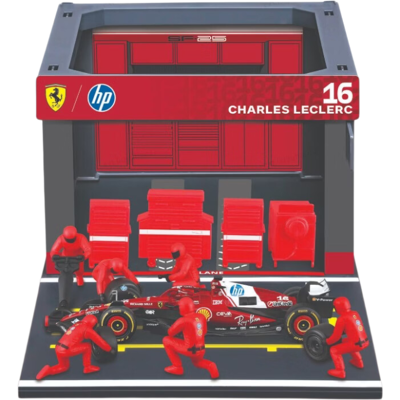 1/43 Bburago Pit-Stop Ferrari SF 25 (véhicule + figurines de mécaniciens + paddock + accessoires) #16 Leclerc - Publicité 1/43 Bburago Pit-Stop Ferrari SF 25 (véhicule + figurines de mécaniciens + paddock + accessoires) #16 Leclerc - Publicité
