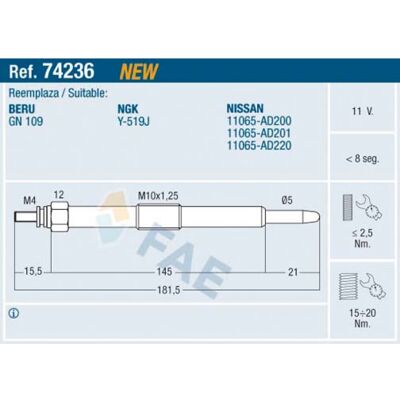 FAE Modèle 74236 - Bougie de préchauffage pour Nissan X-Trail, Pathfinder, Almera - Publicité FAE Modèle 74236 - Bougie de préchauffage pour Nissan X-Trail, Pathfinder, Almera - Publicité