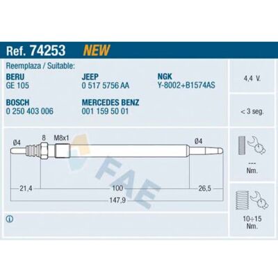 FAE 74253 Bougie de préchauffage - M8x1 - 4,4V - Publicité FAE 74253 Bougie de préchauffage - M8x1 - 4,4V - Publicité