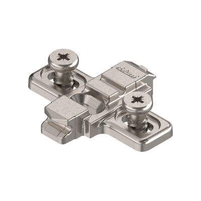 Blum CLIP Plaque de montage, croix, 0 mm, zinc, vis système prémontées - butée double, HV : fente allongée, nickelée (07595463) - Publicité Blum CLIP Plaque de montage, croix, 0 mm, zinc, vis système prémontées - butée double, HV : fente allongée, nickelée (07595463) - Publicité