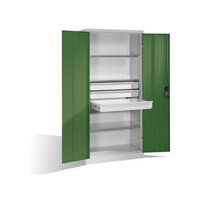 Armoire à outils C+P à portes battantes, 3 tablettes et 3 tiroirs, H1950xL930xP500mm Façade vert réséda Corps gris clair ; C + P Möbelsysteme (8921-5030 S10151) - Publicité Armoire à outils C+P à portes battantes, 3 tablettes et 3 tiroirs, H1950xL930xP500mm Façade vert réséda Corps gris clair ; C + P Möbelsysteme (8921-5030 S10151) - Publicité
