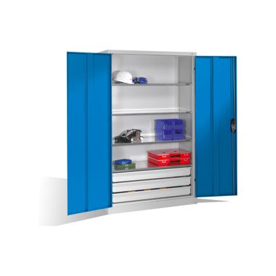 Armoire à outils C+P à portes battantes, 4 tablettes et 3 tiroirs, H1950xL1200xP500mm Façade bleu clair Corps gris clair ; C + P Möbelsysteme (8931-503 S10427) - Publicité Armoire à outils C+P à portes battantes, 4 tablettes et 3 tiroirs, H1950xL1200xP500mm Façade bleu clair Corps gris clair ; C + P Möbelsysteme (8931-503 S10427) - Publicité